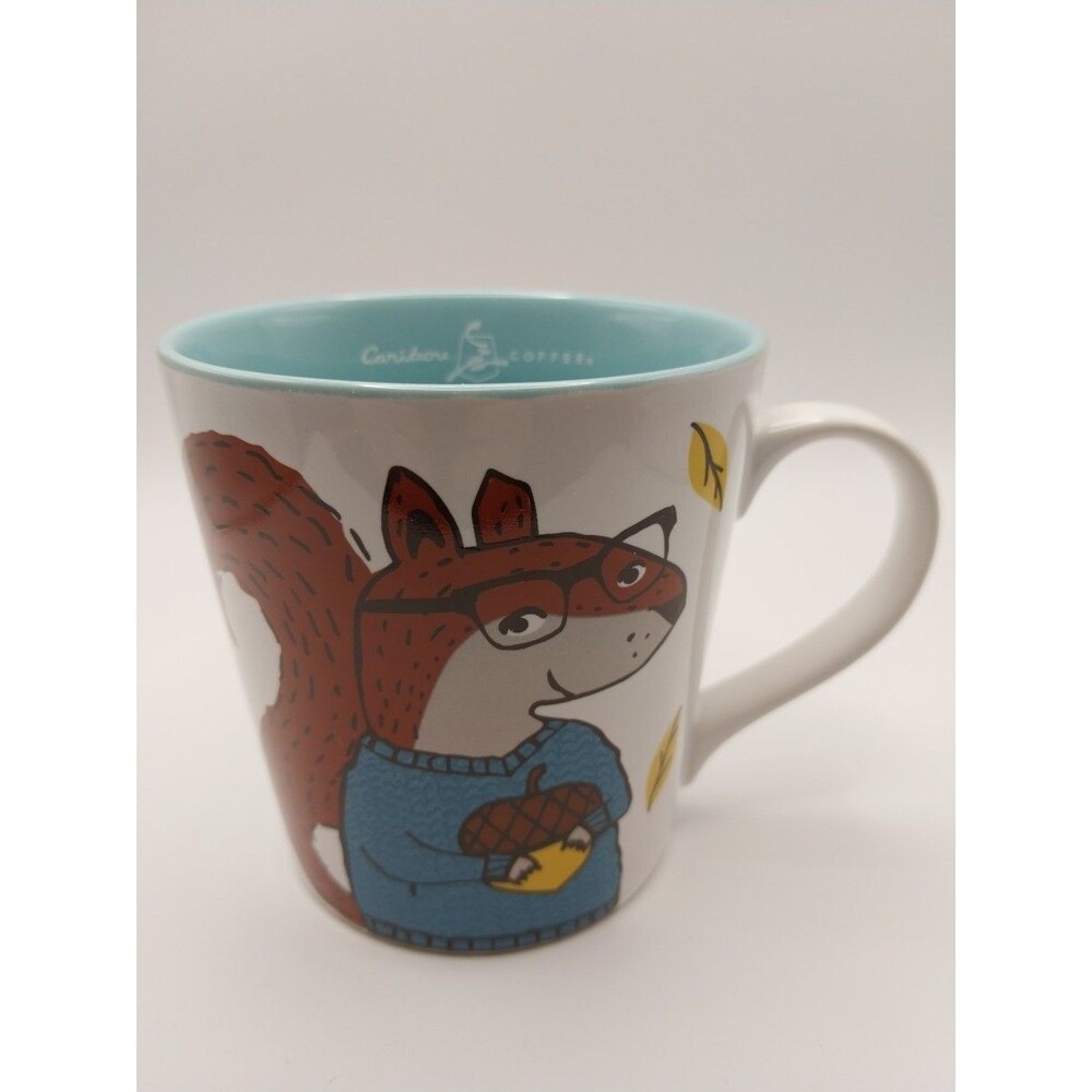 Caribou Coffee Squirrel Ceramic Mug 14 Oz White Blue Microwave Dishwasher Safe
